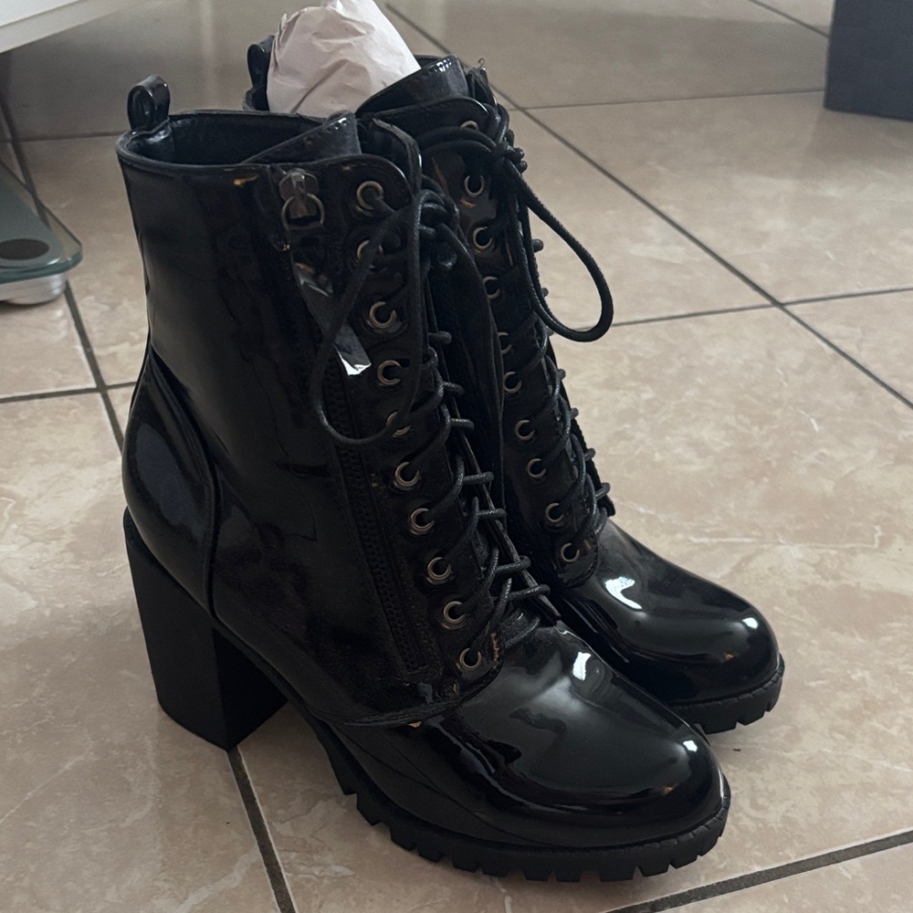 Black Patent Leather Lace-Up Ankle Boots